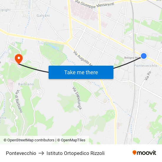 Pontevecchio to Istituto Ortopedico Rizzoli map