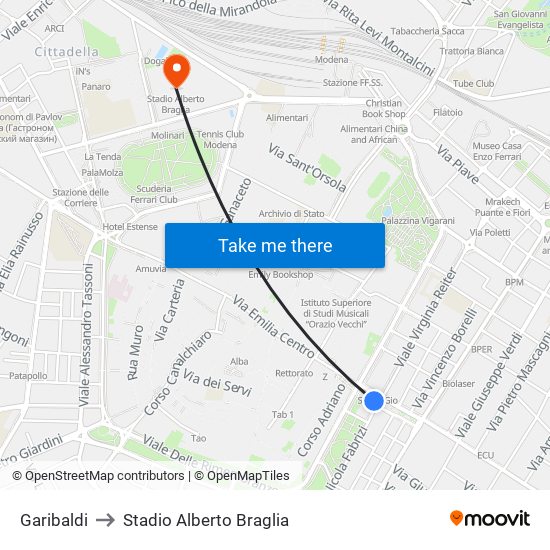 Garibaldi to Stadio Alberto Braglia map