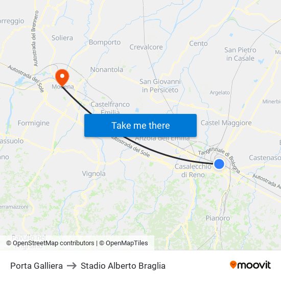 Porta Galliera to Stadio Alberto Braglia map