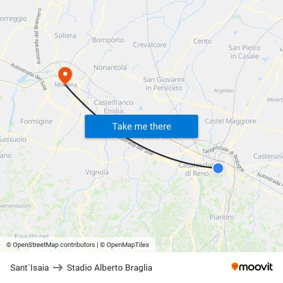 Sant`Isaia to Stadio Alberto Braglia map