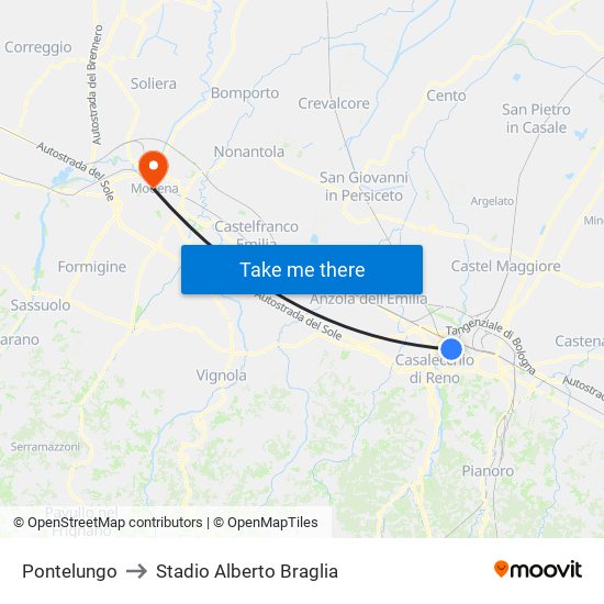 Pontelungo to Stadio Alberto Braglia map