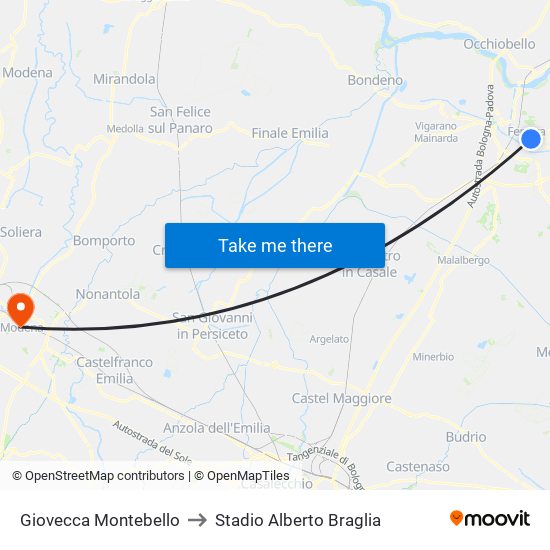 Giovecca Montebello to Stadio Alberto Braglia map