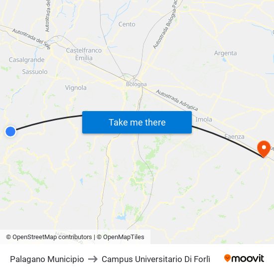 Palagano Municipio to Campus Universitario Di Forlì map