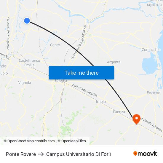 Ponte Rovere to Campus Universitario Di Forlì map