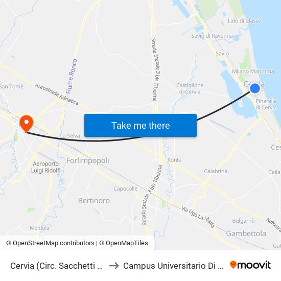 Cervia (Circ. Sacchetti Est) to Campus Universitario Di Forlì map