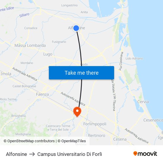 Alfonsine to Campus Universitario Di Forlì map