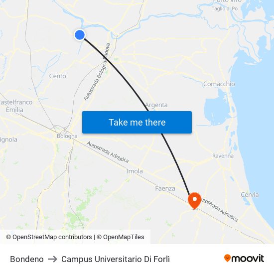 Bondeno to Campus Universitario Di Forlì map