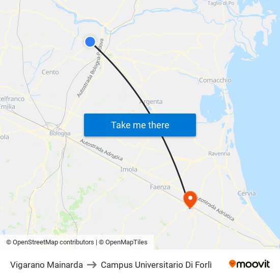 Vigarano Mainarda to Campus Universitario Di Forlì map