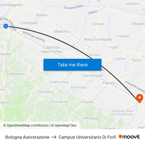 Bologna Autostazione to Campus Universitario Di Forlì map