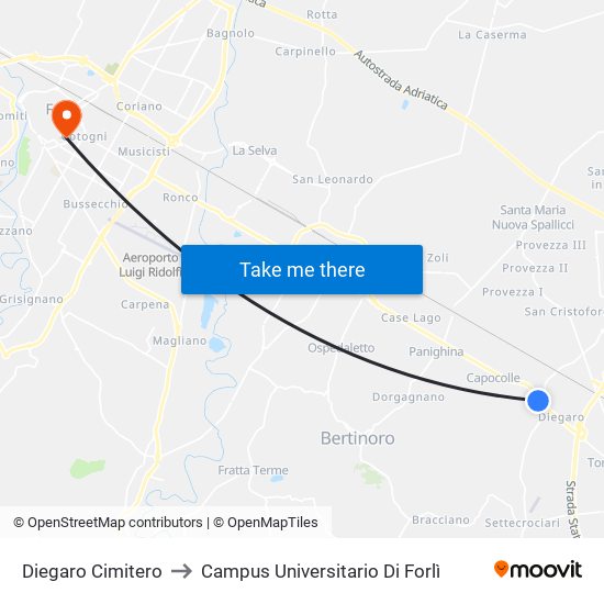 Diegaro Cimitero to Campus Universitario Di Forlì map