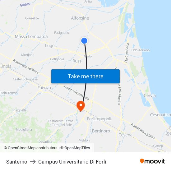 Santerno to Campus Universitario Di Forlì map
