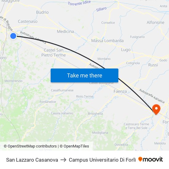 San Lazzaro Casanova to Campus Universitario Di Forlì map