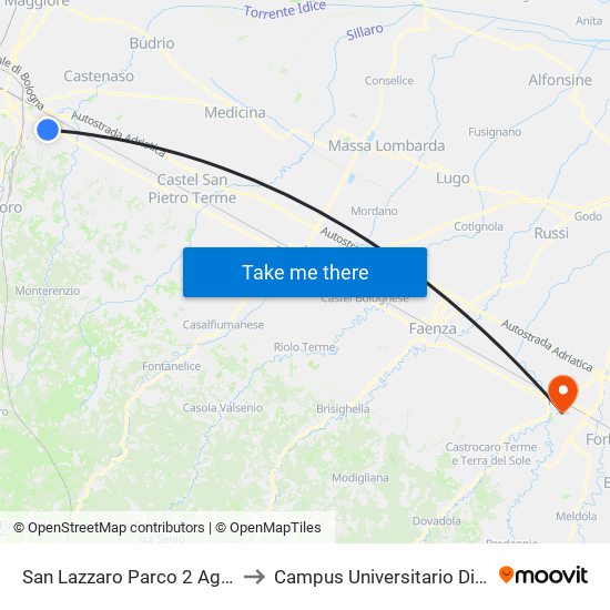 San Lazzaro Parco 2 Agosto to Campus Universitario Di Forlì map