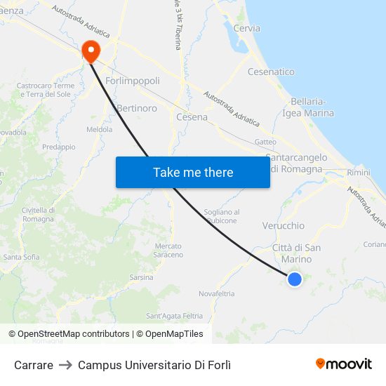 Carrare to Campus Universitario Di Forlì map