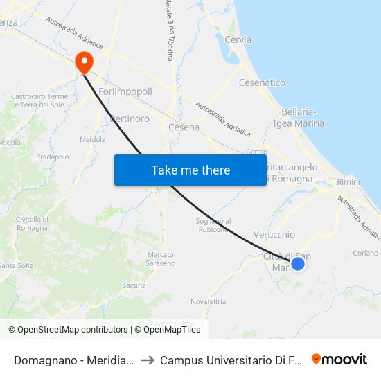 Domagnano - Meridiano to Campus Universitario Di Forlì map