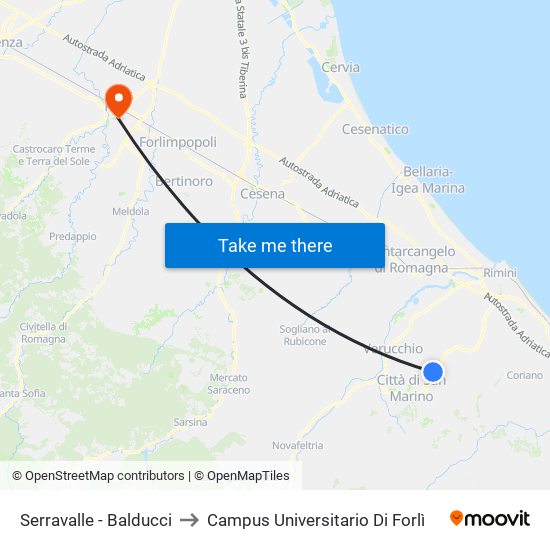 Serravalle - Balducci to Campus Universitario Di Forlì map