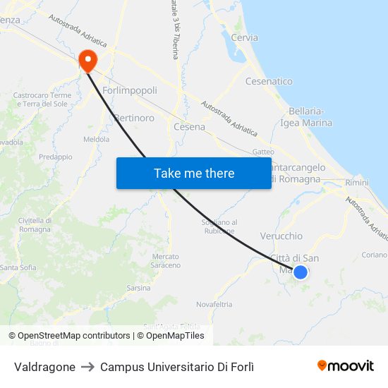 Valdragone to Campus Universitario Di Forlì map