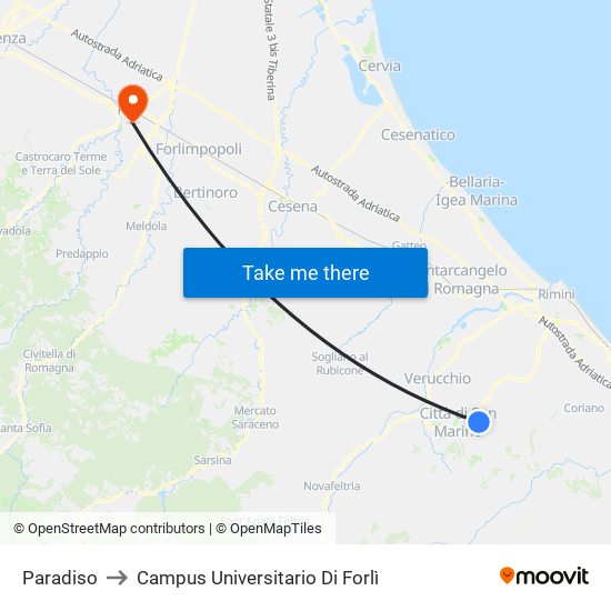 Paradiso to Campus Universitario Di Forlì map