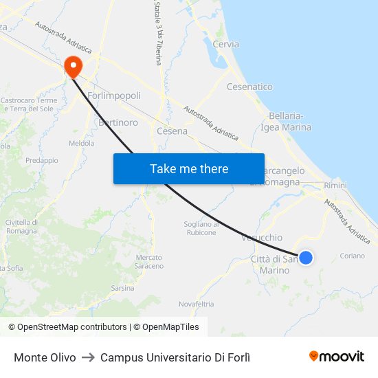 Monte Olivo to Campus Universitario Di Forlì map