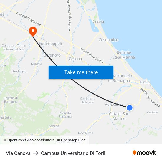 Via Canova to Campus Universitario Di Forlì map