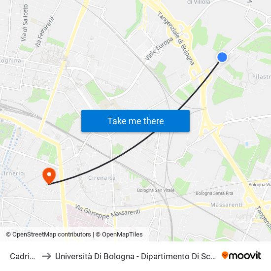 Cadriano Bivio to Università Di Bologna - Dipartimento Di Scienze Biologiche, Geologiche E Ambientali map