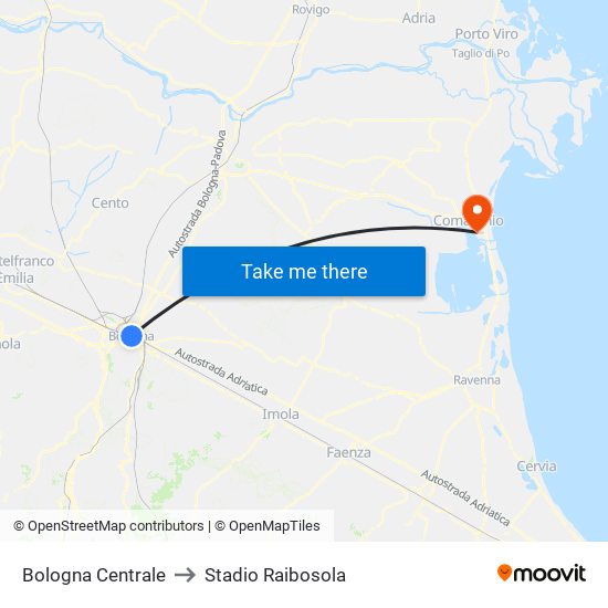 Bologna Centrale to Stadio Raibosola map