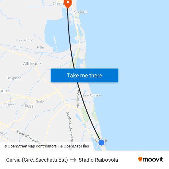 Cervia (Circ. Sacchetti Est) to Stadio Raibosola map