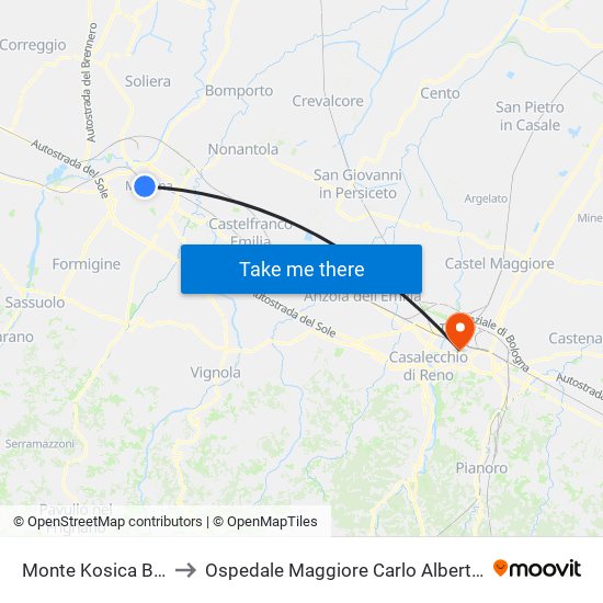Monte Kosica Barozzi to Ospedale Maggiore Carlo Alberto Pizzardi map