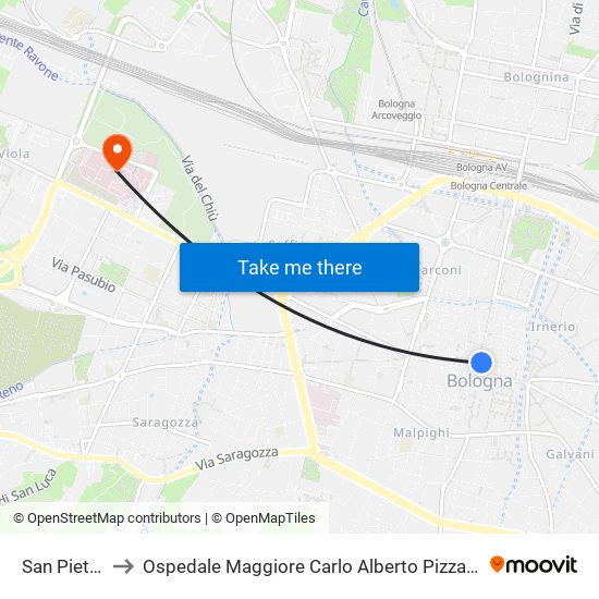 San Pietro to Ospedale Maggiore Carlo Alberto Pizzardi map