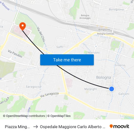 Piazza Minghetti to Ospedale Maggiore Carlo Alberto Pizzardi map