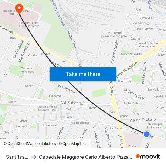 Sant`Isaia to Ospedale Maggiore Carlo Alberto Pizzardi map