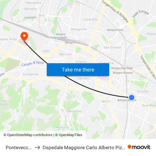 Pontevecchio to Ospedale Maggiore Carlo Alberto Pizzardi map