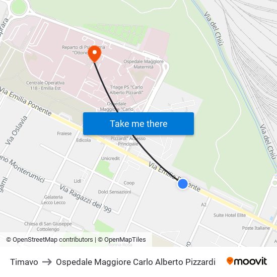 Timavo to Ospedale Maggiore Carlo Alberto Pizzardi map