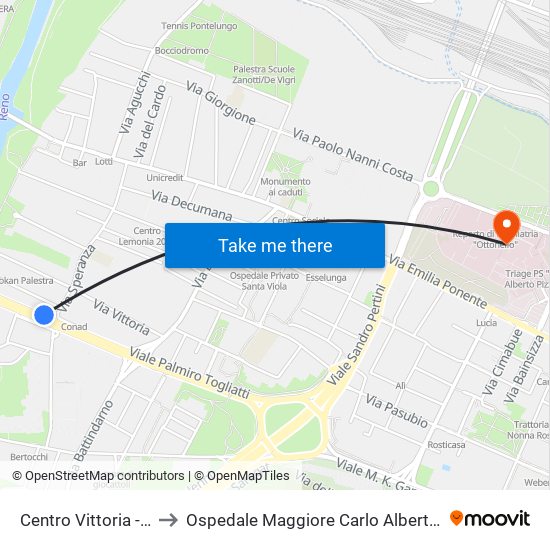 Centro Vittoria - Mast to Ospedale Maggiore Carlo Alberto Pizzardi map
