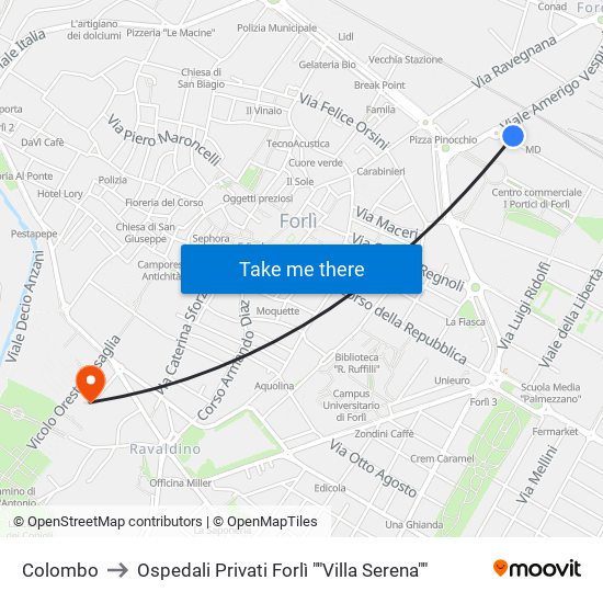 Colombo to Ospedali Privati Forlì ""Villa Serena"" map