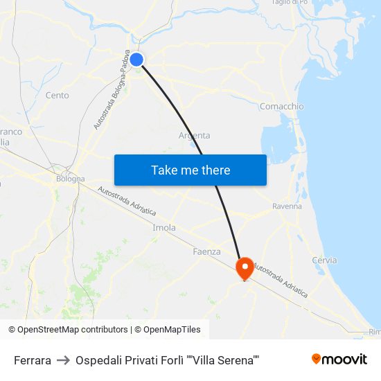 Ferrara to Ospedali Privati Forlì ""Villa Serena"" map