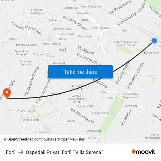 Forlì to Ospedali Privati Forlì ""Villa Serena"" map