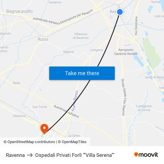 Ravenna to Ospedali Privati Forlì ""Villa Serena"" map