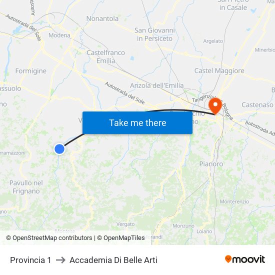 Provincia 1 to Accademia Di Belle Arti map