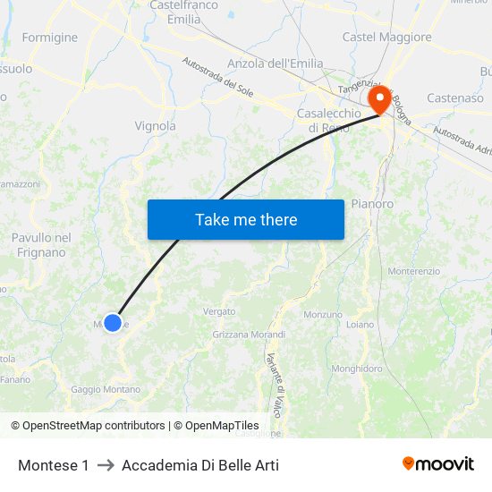 Montese 1 to Accademia Di Belle Arti map