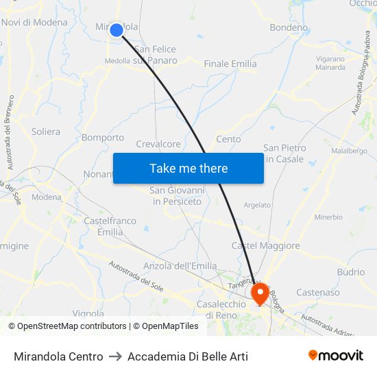 Mirandola Centro to Accademia Di Belle Arti map