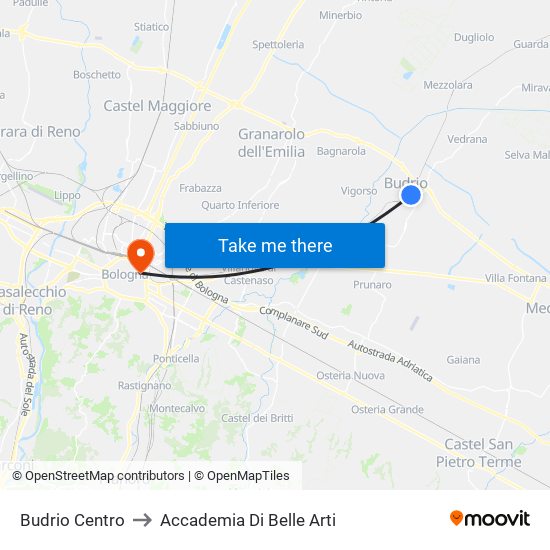 Budrio Centro to Accademia Di Belle Arti map