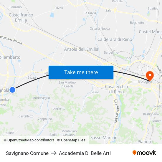 Savignano Comune to Accademia Di Belle Arti map
