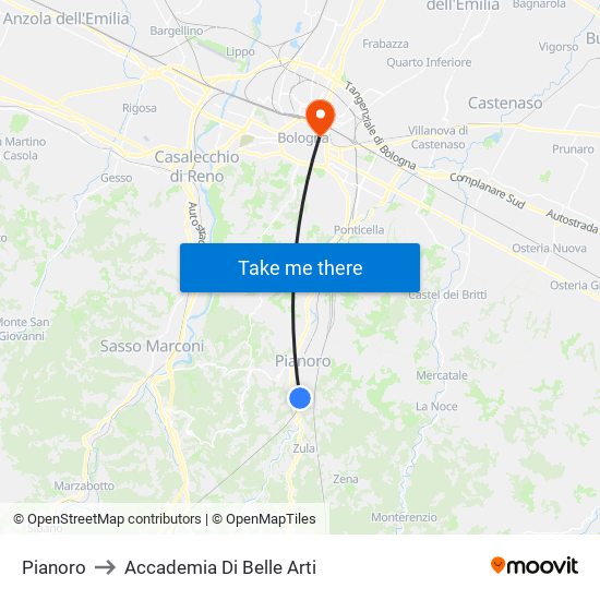 Pianoro to Accademia Di Belle Arti map