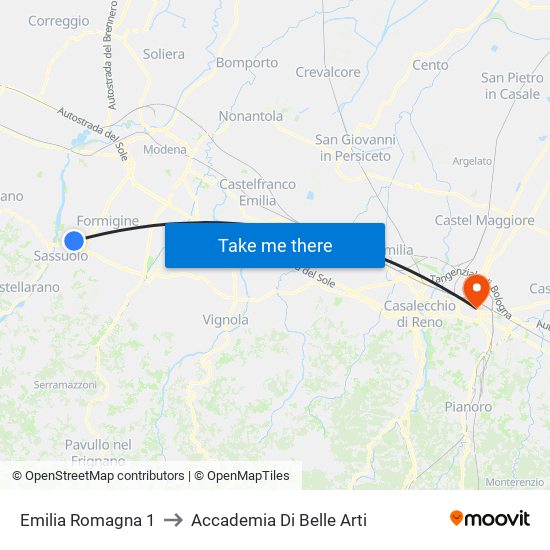 Emilia Romagna 1 to Accademia Di Belle Arti map