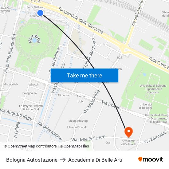 Bologna Autostazione to Accademia Di Belle Arti map