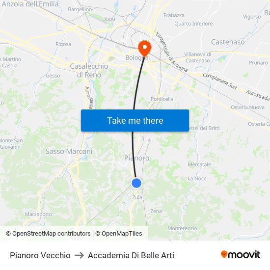 Pianoro Vecchio to Accademia Di Belle Arti map