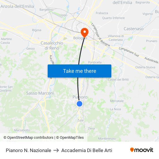 Pianoro N. Nazionale to Accademia Di Belle Arti map