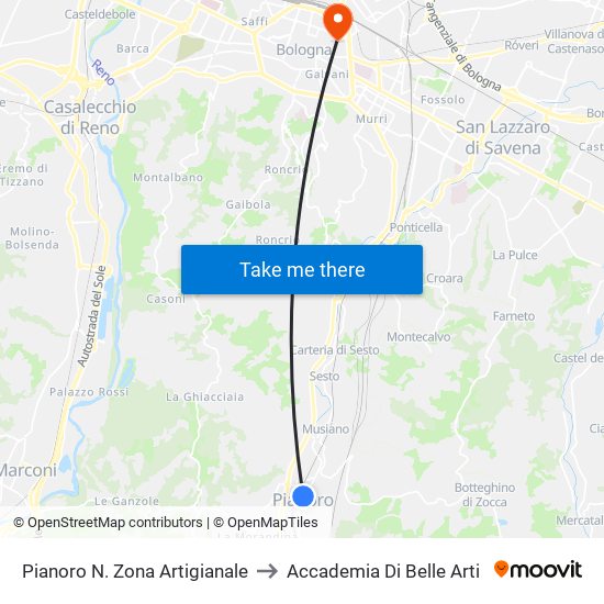 Pianoro N. Zona Artigianale to Accademia Di Belle Arti map