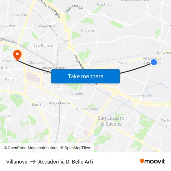 Villanova to Accademia Di Belle Arti map